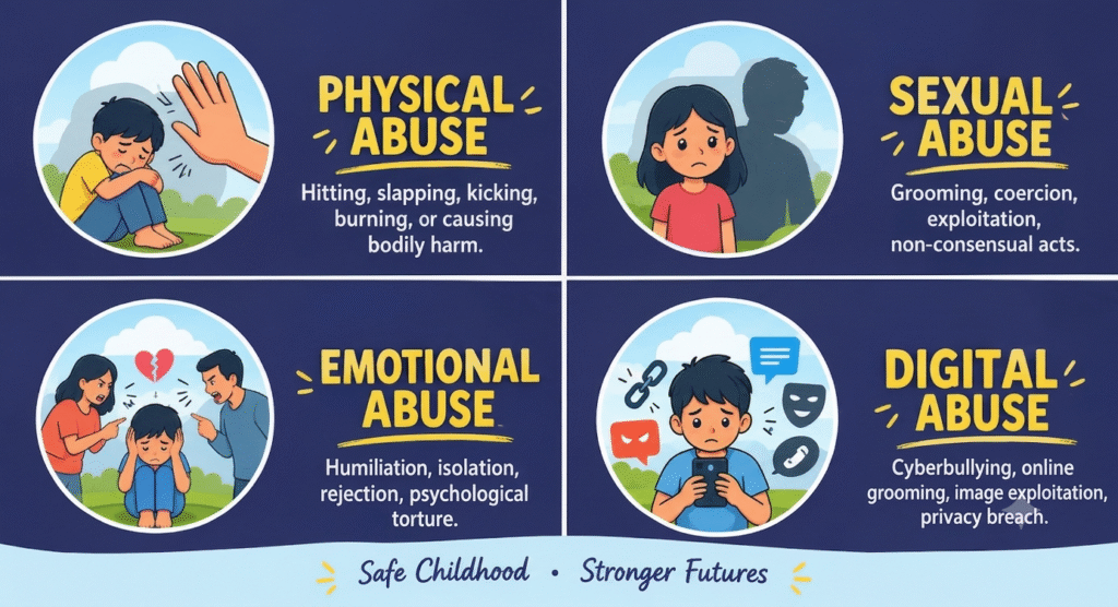 Collage illustrating different types of child abuse to promote child safety in India